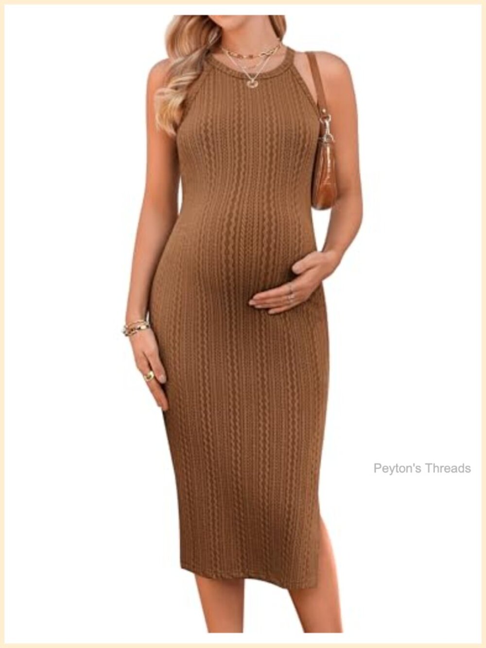 Rib Knit Maternity Bodycon Dress Halter Neck Sleeveless Side Slit Stretchy